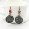 Dangle Earrings Round Totem Pattern Red Wooden Beads Colored Natural Stones Retro Bronze Pendants