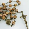 Pendant Necklaces QIGO Vintage Stone Rosary Necklace Long Rose Jesus Cross Catholic Religious Pray Jewelry