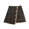 スカートbalck plaid mini tweed women metal buttonsラップペンシル秋の冬の甘い大きいサイズa-lineスカートカジュアルn033