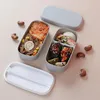 Geschirr-Sets 2Set mikrowellengeeignete 2-lagige Lunchbox mit Fächern auslaufsicherer Bento-Behälter Graugrün