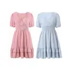 Party Dresses Women Summer Dress Solid Color V-Neck Short-Sleeve Slim-Waist Layered Or Ladies S/M/L/XL