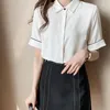 Damesblouses kantoor dame gestreepte witte dames knop Koreaanse mode blauw shirt vrouw korte mouw 2023 zomer tops chemisier femme