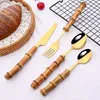 Flatware Sets Bamboo Cutlery Set 8 16 24Pcs Stainless Steel Gold Tableware Knife Fork Spoon Dishwasher Safe Silverware Dinnerware265J