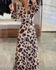 Vestidos casuais femininos estampa de leopardo amarrado maxi vestido 2023 femme button design de manga longa V Robe de pescoço