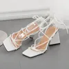 Sandalen mode solide vierkant open teen zomer pu enkel crosstied mid hiel dames schoenen beknopt 3542 zapatos mujer 230220