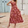 Casual Dresses Womens Boho Summer Floral Print Tie Rems ärmlös fyrkantig halsmockad flödande rufs en linje maxi klänning lös