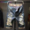 Herr shorts mäns shorts sommar ny rippade korta jeans streetwear big hole mode vintage blå smal denim märke kläder 022023h