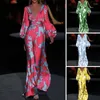 Casual Dresses Middle East Fashion Printed Sexig Deep V Neck High midja Långärmad kväll Lady Cocktail Party Robes De Soire