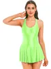 Casual Dresses Female U Neck Leotard Mini Glossy Tank Dress OnePiece Swimsuit Swimwear Sleeveless Nightclub Vestido Costume 230220