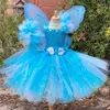 Flicka klänningar flickor blå vit glitter tutu klänning barn blommor älva med fjäril vinge pinnar barn fest kostym prinsessa