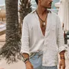 Men's Casual Shirts Men's Solid Color European And American Fine Cotton Linen Loose Homesome Lapel Long-Sleeved Cardigan Beach Shirt