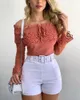 Women's T Shirts Spring Women Guipure Lace Frill Hem Drawstring Top 2023 Femme Casual Off Shoulder Blouse Office Lady Outfits Clothing