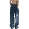 Heren jeans trendy denim broek borduurwerk hiphop mannen ontspannen fit hoge taille