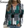 Sudaderas con capucha para mujer Sudaderas de otoño para mujer, sudaderas holgadas informales con cuello en V y cremallera, Top a cuadros de manga larga, ropa de calle, sudaderas con capucha para mujer a la moda 230220