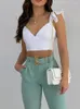 Women's Two Piece Pants Solid Ruffles Backless Knotted Crop Tops & Pocket Design Belted Set Casual Women Outfits