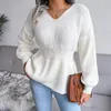 Kadın Sweaters Kadınlar Sonbahar Kış Zarif Katı V-Bezi Uzun Fener Kollu Bel Hem Parlatma Örme Külot Kazak Bayan Giysileri Üst