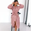 Casual Dresses La Cisne Elegant Polka Dot Dress Female Lantern Sleeve Office Bow Tie Work Long a Line Bankett