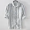 Camicie casual da uomo Italia Camicia da uomo in lino di marca Moda manica a tre quarti Lino a righe bianche Colletto rovesciato Camisa confortevole