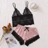 Dames slaapkleding zomer pyjama sexy jurk door kanten lingerie v-neck nachtjapon slik satijn 2 stuks set shorts huiskleding