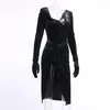 Casual Dresses Black Velvet Sexig Split Dress Glove Sleeve Fashion Club Party Long Kjol 2023 Autumn and Winter Women's Clothing