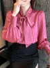 Chemisiers pour femmes QOERLIN Design Élégant Satin Chemises Femmes Style Français 2023 Printemps Polka Dot Bowtie Blosue Bureau Dames Tops Blouse Femme