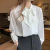 Kvinnors blusar Bow White Blue Women 2023 Button Office Lady Long Sleeve Blue Chiffon Shirt Autumn Topps Woman Clothes Pocket Womens Shirts