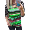 Kvinnors T-skjortor Fashion Pullover Multicolor Striped Color Matching Long-Sleeve T-Shirt Ladies Top för Autumn 2023 Casual Loose O-Neck Tops