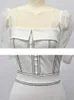 파티 드레스 하이 허리 칼집 드레스 2023 여름 간단한 장식 라인 흰색 사각형 목 퍼프 슬리브 우아한 사무실 레이디