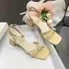 SDWK 4cm Pearl Sandals Women Summer Fairy Style Fashion Square Toe String Bead Party Wedding High Heels Mid Heel Woman Shoes 0220