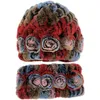 Beanies Beanie/Skull Caps Warm Rex Fur Hat Women's Scarf 2st Real Cap Floral Sticked Balls Skulls 2pcsbeanie/Skull Beanie/Skullbeanie/Skull
