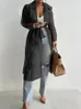 벨트가 있는 여성용 트렌치 코트 쉬어 메쉬 긴 소매 버튼 코트