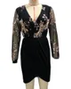 Robes décontractées Femmes Paillettes Sheer Mesh Mini Robe Moulante 2023 Femme Sexy Manches Longues Col V Contraste Robe De Soirée Dame Vêtements De Soirée