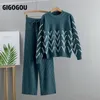 Women's Tracksuits GIGOGOU Women Sweater Two Piece Knitted Sets Jacquard Tracksuit Chic Pullover Crewneck Long Sleeve Top Wide Leg Pants 230220