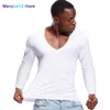 Men's T-Shirts Solid Color Tshirt for Men Deep V Neck Top Tees Male Low Cut Wide Collar Cotton Slim Fit Long Sleeve Men T Shirt 022023H