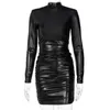 Casual Dresses Europe America Style Sexy PU Leather Skirt Women's 2023 Spring Summer Pleated Collect Waist Long Sleeve Wrap The Buttocks Dress 230220