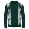 Men's Polos Men Long Sleeve Slim Knit Sweater POLO Shirt Fashion Turn-down Collar Striped Cardigan Top Spring Autumn Ice Silk Cotton T-shirt