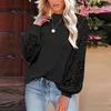 Kvinnors T -skjortor Eleganta vita spetsar Toppar Långlykta ärm Kvinnor Runda hals Solid Color Black Pullover Office Lady Cheswomens