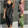 Casual Dresses Women's Satin Drape V Neck Sleeveless Camisole Strappy Cami Split Slit Party Midi Lace Dress for Women Ladies Costume