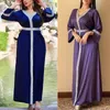 Ethnic Clothing Women Muslim Satin Maxi Dress Rhinestone Belted Turkey Arabic V-Neck Kaftan Robe B36D