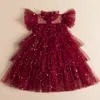 소녀 드레스 2023 소녀를위한 스팽글 파티 드레스 반짝이는 별 패턴 활 인상 화려한 의상 어린이 크리스마스 년 아이