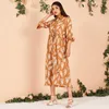 Casual Dresses 2023 Summer Midi Dress Women Tan Leaf Print Mushroom Buckle DrawString Sashes Shirt Collar Holiday Ruffle 3/4 Sleeve Robes