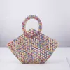 Hand-woven beaded vegetable basket hollowed-out triangular round handle bag Acrylic women's casual handbag 230220