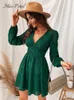 Robes décontractées MISS PETAL plonger ALine Mini femme vert Sexy à manches longues fête 2023 printemps automne femme robe d'été 230220