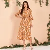 Casual Dresses 2023 Summer Midi Dress Women Tan Leaf Print Mushroom Buckle DrawString Sashes Shirt Collar Holiday Ruffle 3/4 Sleeve Robes