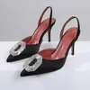 Black Silk Satin Rhinestones High Heels Shoes Woman Pumps Slingbacks Crystal Diamond Buckle Fashion Party Sexy Women Pump 0220