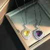 Chains Trendy Silver Color Citrine Pendant Necklace For Women Heart Shape Dark Purple Gemstone Party Dress Jewelry Gifts