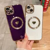 6d Magnetic Wireless Laddningsfodral för iPhone 15 14 Pro Max 13 12 11 X XR XS 8 7 Plus Soft TPU Luxury Bling Love Heart Chromed Fine Hole Metallic Plating Phone Back Covers