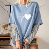 Camisetas femininas 2 em 1 camisa casual mangas compridas imitação 2 peças gola redonda simples estampada para homens mulheres todas as estações XIN-feminino