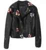 Women's Jackets Women Punk Style Fuax Leather Jacket Streetwear Moto Biker Embroidery Floral Print Rivet Pu Coat Oversized Outwear F376