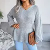 Kadın Sweaters Kadınlar Sonbahar Kış Zarif Katı V-Bezi Uzun Fener Kollu Bel Hem Parlatma Örme Külot Kazak Bayan Giysileri Üst